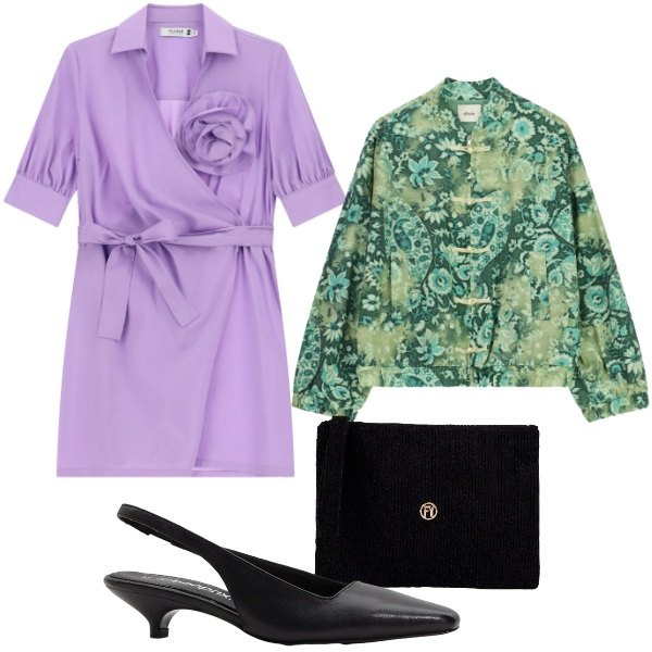 Outfit donna - Un bel fiore. Stile Romantica per Tutti i giorni. Abbinamento con décolleté, pochette, vestiti lunghi, bomber.