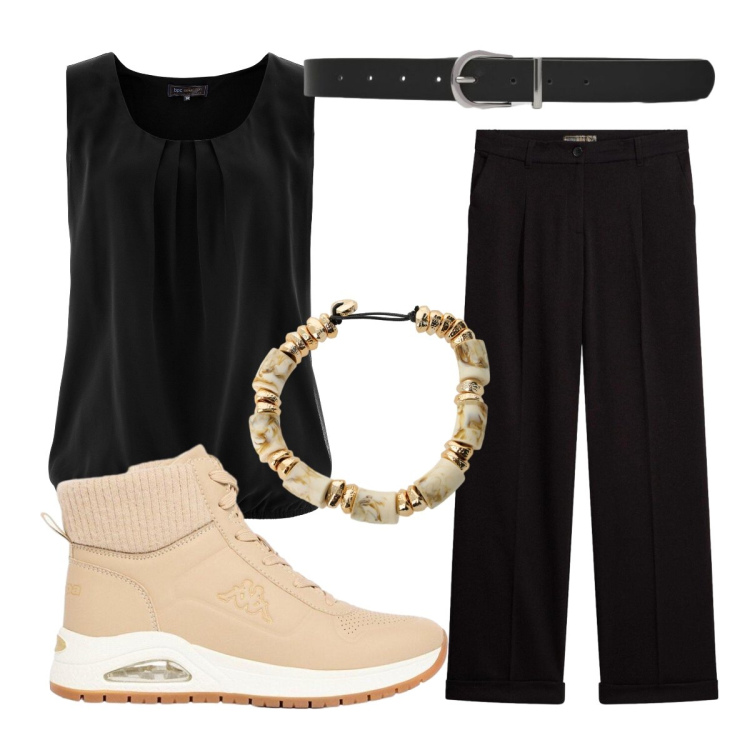 Outfit donna - Essenziale. Stile Minimal per Scuola/Università. Abbinamento con top, pantaloni, stivaletti, braccialetti, cinture.