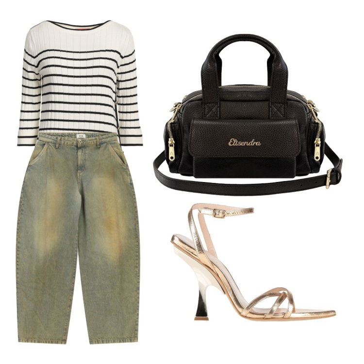 Outfit donna - Settembre. Stile Casual chic per Serata fuori. Abbinamento con sandali in pelle, pullovers, jeans, borse a mano.