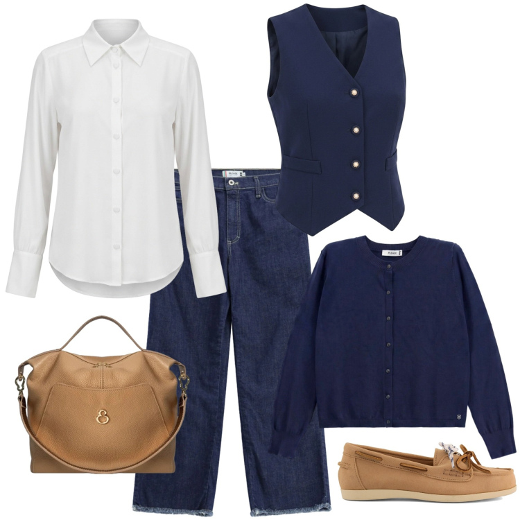Outfit donna - Jeans in autunno. Stile Minimal per Ufficio. Abbinamento con cardigans, jeans dritti, camicie, gilet, borse a mano, mocassini.