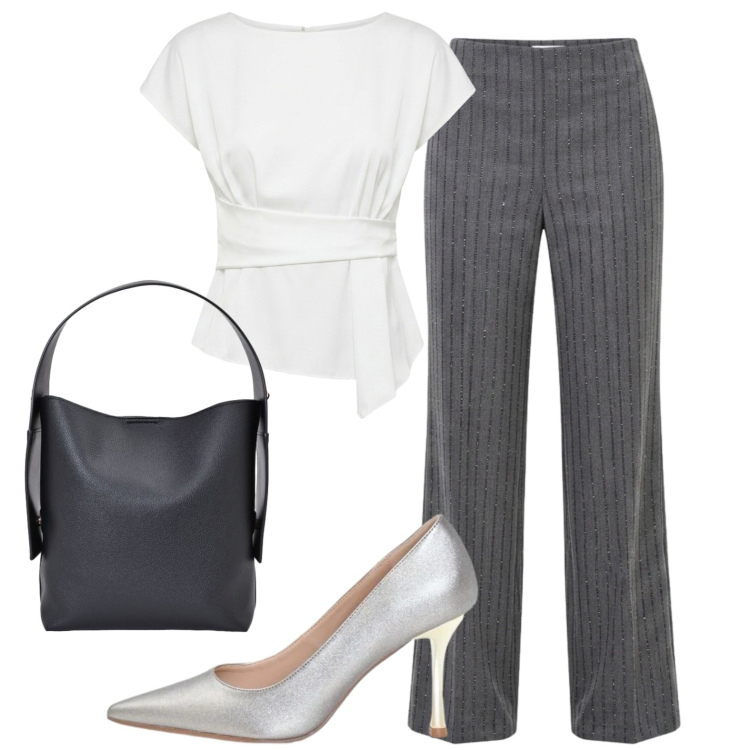 Outfit donna - Gessato luminoso. Stile Glamour per Serata fuori. Abbinamento con bluse, pantaloni, borse a spalla, décolleté.