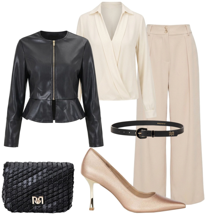 Outfit donna - Giacca in ecopelle. Stile Glamour per Tutti i giorni. Abbinamento con giacche, bluse, pantaloni a palazzo, cinture, borse a tracolla, décolleté.