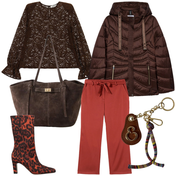 Outfit donna - Pantalone kaki. Stile Urban per Tutti i giorni. Abbinamento con stivaletti, shopping bag, bluse, piumini, pantaloni, portachiavi.