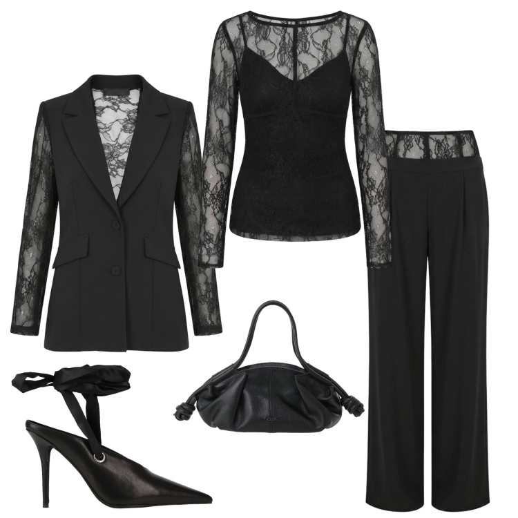 Outfit donna - Dettagli in pizzo. Stile Chic per Cerimonia. Abbinamento con décolleté, borse a mano, blazer, bluse, pantaloni a palazzo.