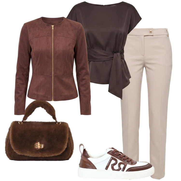 Outfit donna - Sportiva con classe. Stile Casual chic per Tutti i giorni. Abbinamento con pantaloni, bluse, blazer, sneakers, borse a mano.
