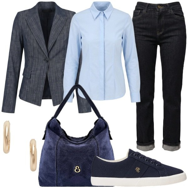 Outfit donna - Il jeans Dark denim. Stile Casual chic per Ufficio. Abbinamento con camicie, borse a spalla, orecchini, sneakers, jeans dritti, blazer.