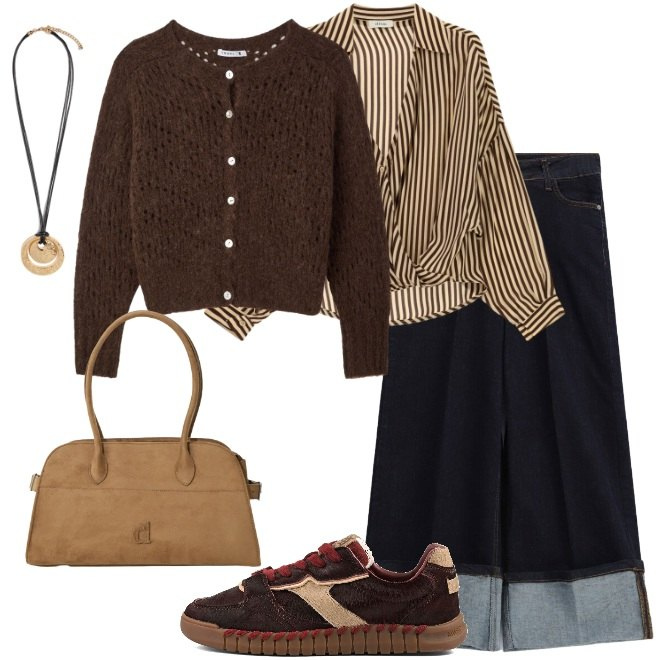 Outfit donna - Golf e sneakers. Stile Urban per Ufficio. Abbinamento con cardigans, jeans, borse a spalla, camicie, ciondoli, sneakers.