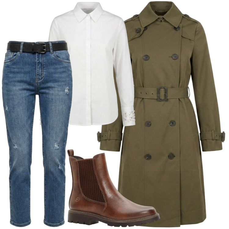 Outfit donna - In città. Stile Chic per Ufficio. Abbinamento con stivaletti, trench, camicie, jeans.