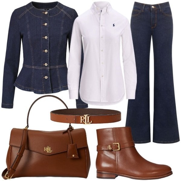 Outfit donna - Il jeans Dark per l\'autunno. Stile Casual chic per Tutti i giorni. Abbinamento con blazer, jeans a zampa, cinture, camicie, borse a mano, stivaletti.