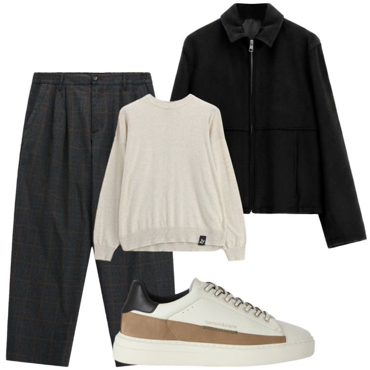 Outfit uomo - Autunno. Stile Trendy per Ufficio. Abbinamento con sneakers, pantaloni, maglieria, cappotti.