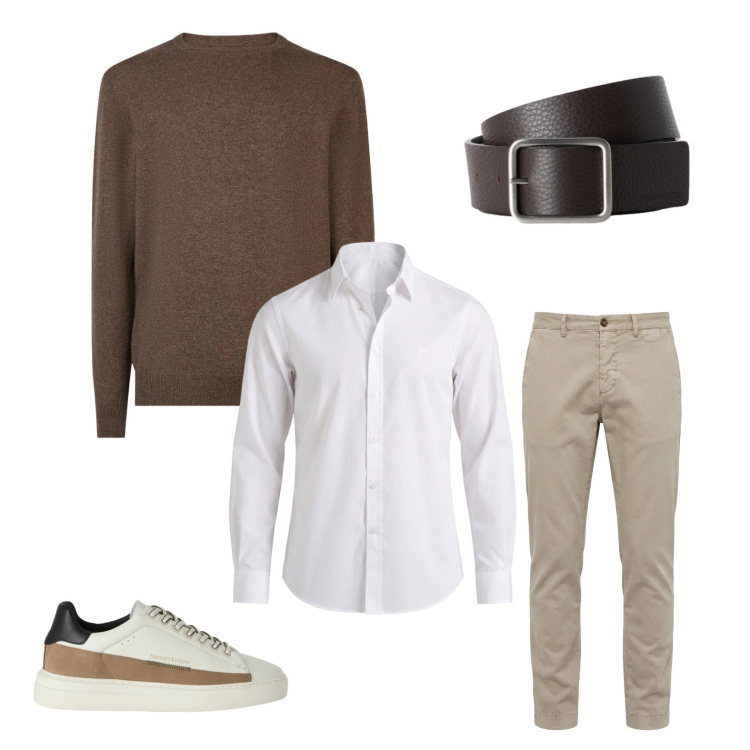 Outfit uomo - Eleganza d’Autunno in Toni Neutri. Stile Business/Elegante per Ufficio. Abbinamento con pantaloni chino, sneakers, camicie, cinture, maglieria.