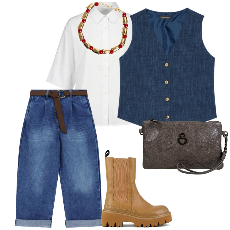 Outfit donna - Jeans per l\'autunno. per Scuola/Università. Abbinamento con jeans, gilet, pochette, collane, camicie, stivaletti chelsea.