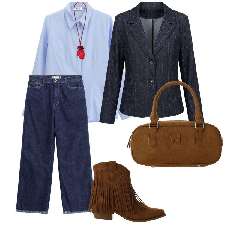 Outfit donna - Denim. per Ufficio. Abbinamento con stivaletti texani, jeans dritti, camicie, borse a mano, ciondoli, blazer.