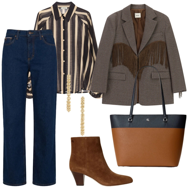 Outfit donna - Dark denim. per Ufficio. Abbinamento con jeans, blazer, camicie, borse tote, stivaletti, orecchini.