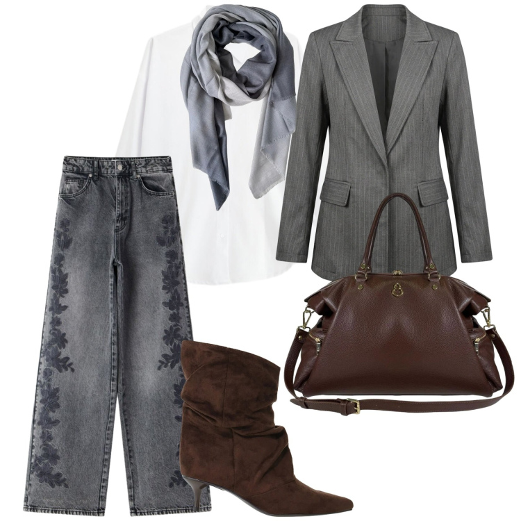 Outfit donna - Denim. per Ufficio. Abbinamento con jeans, stivali, camicie, foulard, borse a spalla, blazer.