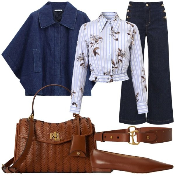 Outfit donna - Il jeans in autunno. Stile Glamour per Tutti i giorni. Abbinamento con blazer, jeans, camicie, borse a mano, cinture, ballerine.