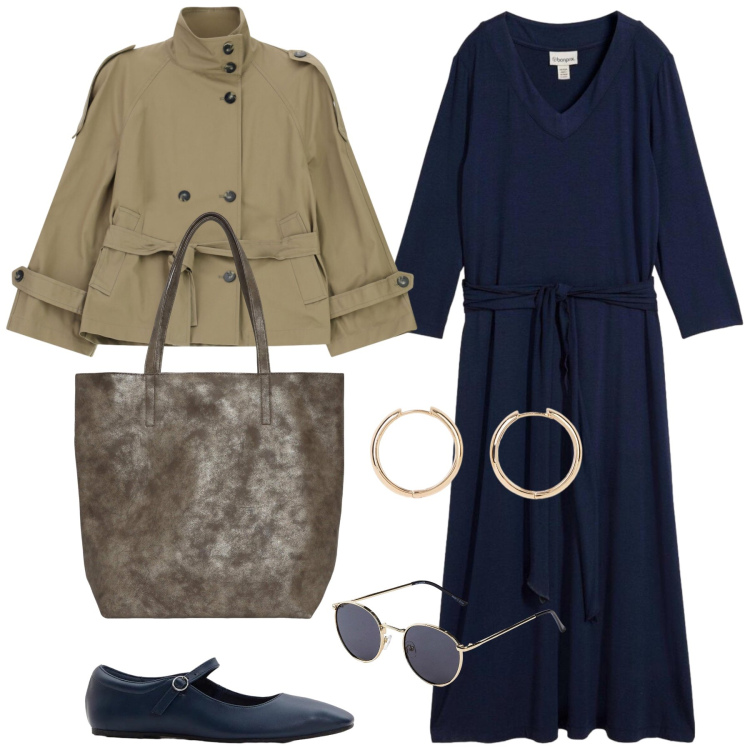 Outfit donna - In città. Stile Basic per Tutti i giorni. Abbinamento con vestiti, occhiali da sole, orecchini, ballerine, shopping bag, trench.