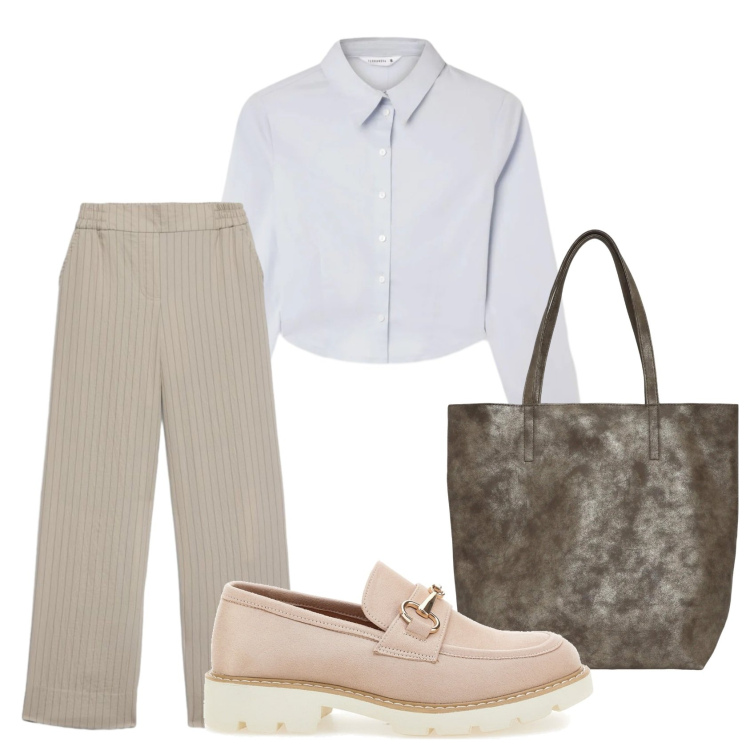 Outfit donna - Back to. Stile Casual chic per Tutti i giorni. Abbinamento con pantaloni, shopping bag, camicie, mocassini.