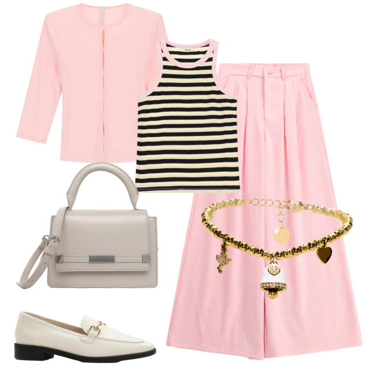 Outfit donna - Total look #2473576. Stile Casual chic per Ufficio. Abbinamento con mocassini, borse a tracolla, t-shirt, pantaloni a palazzo, top, braccialetti.