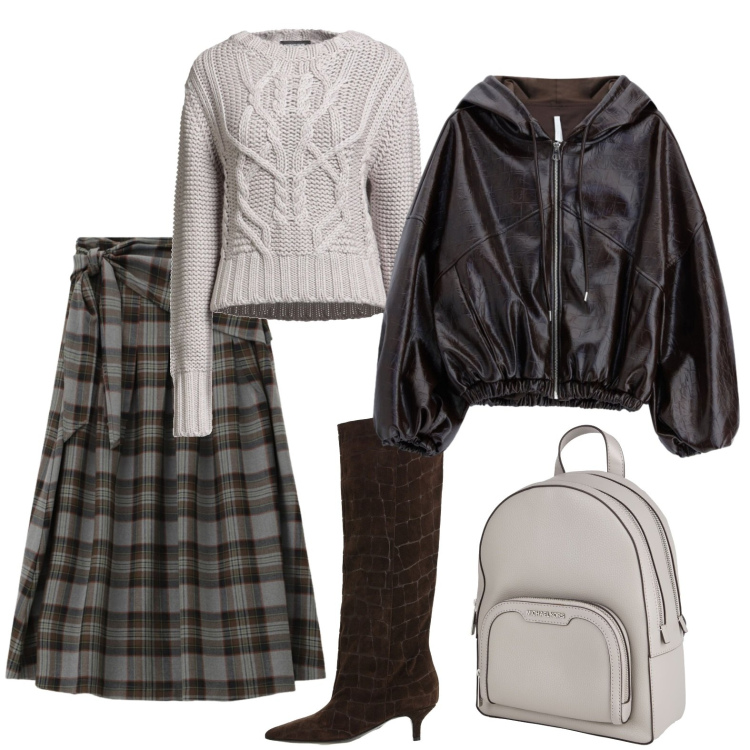 Outfit donna - Bomber e gonna scozzese. Stile Trendy per Ufficio. Abbinamento con pullovers, zaini, stivali, giacche, gonne longuette.