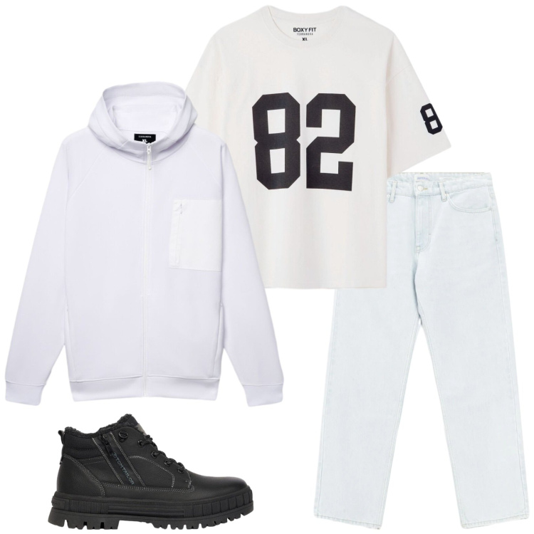 Outfit uomo - Total look #2473578. Stile Urban per Tutti i giorni. Abbinamento con jeans, felpe con cappuccio, t-shirt, stivali e stivaletti.