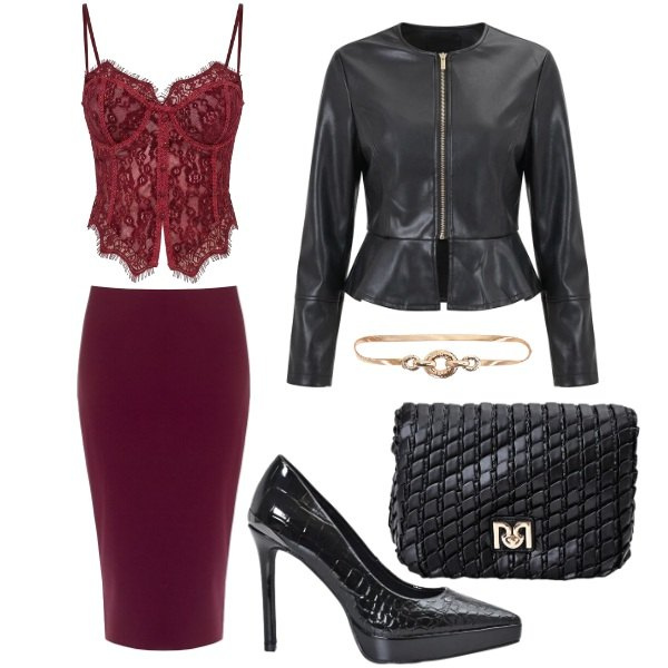 Outfit donna - Semplicità audace. Stile Glamour per Serata fuori. Abbinamento con top, borse a tracolla, cinture, décolleté, gonne longuette, giacche.
