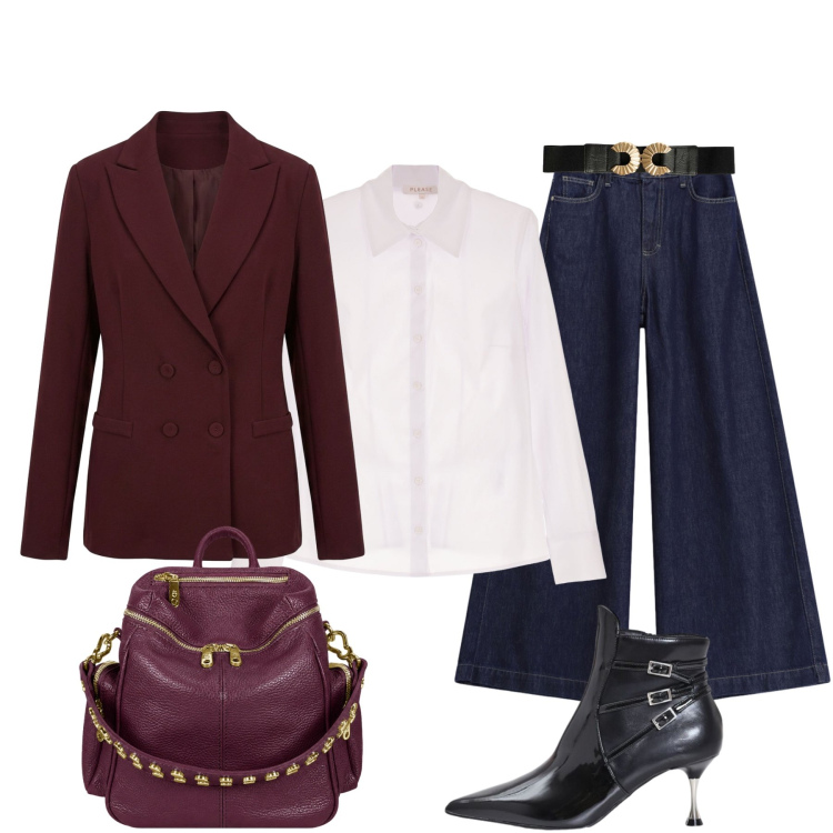 Outfit donna - In città. Stile Chic per Tutti i giorni. Abbinamento con camicie, jeans, stivaletti, zaini, blazer, cinture.