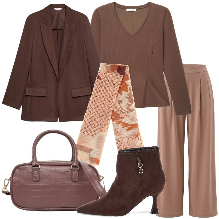 Outfit donna - Terranova - Curvy Back To. Stile Casual chic per Ufficio. Abbinamento con blazer, t-shirt, pantaloni, borse a tracolla, foulard, stivaletti.