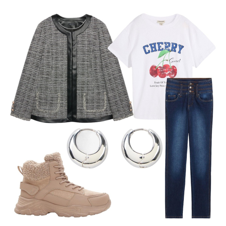 Outfit donna - Settembre. Stile Casual per Ufficio. Abbinamento con t-shirt, jeans slim fit, stivaletti, orecchini, blazer.