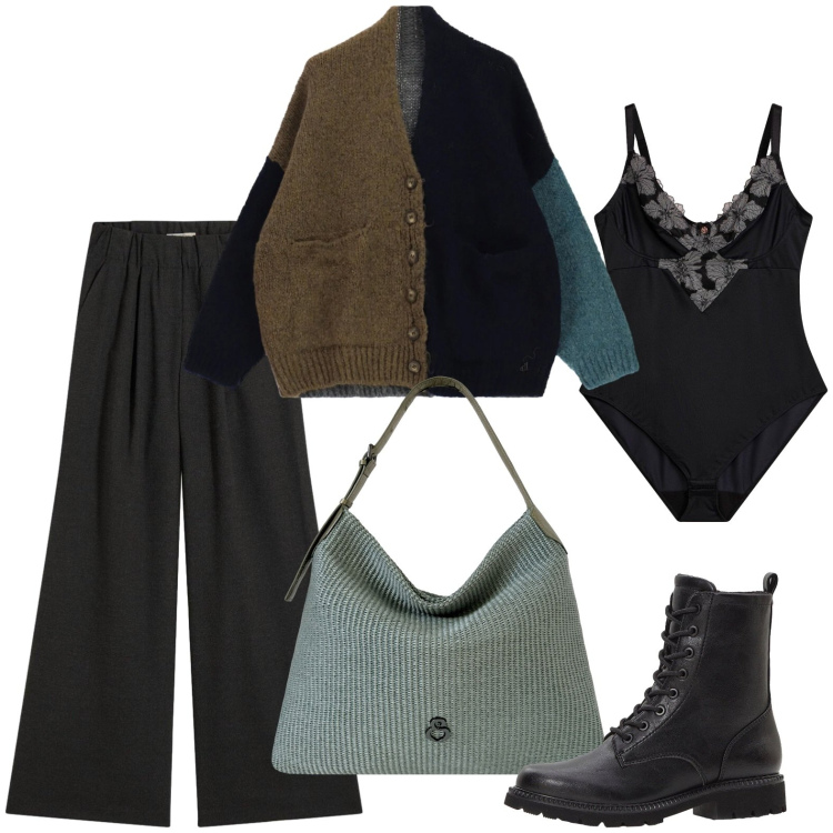 Outfit donna - Il body sotto il cardigan. Stile Casual per Ufficio. Abbinamento con stivaletti, pantaloni, body, cardigans, borse a spalla.