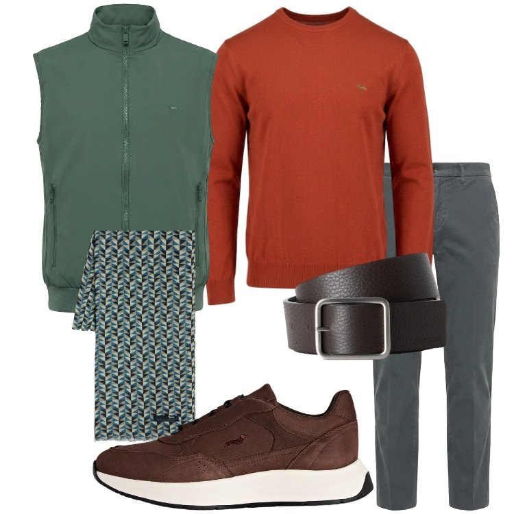 Outfit uomo - Weekend autunnale. Stile Casual per Tutti i giorni. Abbinamento con maglieria, sneakers, pantaloni, cinture, sciarpe, gilet.