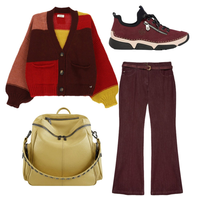 Outfit donna - Un morbido cardigan multicolor. Stile Casual per Tutti i giorni. Abbinamento con sneakers, cardigans, jeans, zaini.