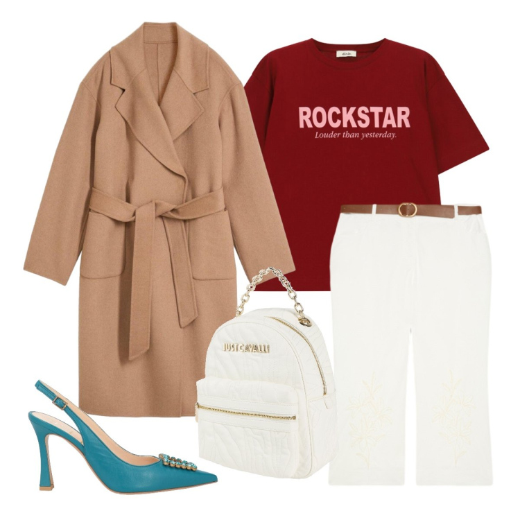 Outfit donna - Settembre. Stile Trendy per Serata fuori. Abbinamento con zaini, décolleté, cappotti, t-shirt, pantaloni.