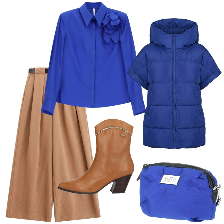Outfit donna - Per chi ama i contrasti. Stile Trendy per Ufficio. Abbinamento con marsupi, stivaletti, pantaloni a palazzo, camicie, piumini.