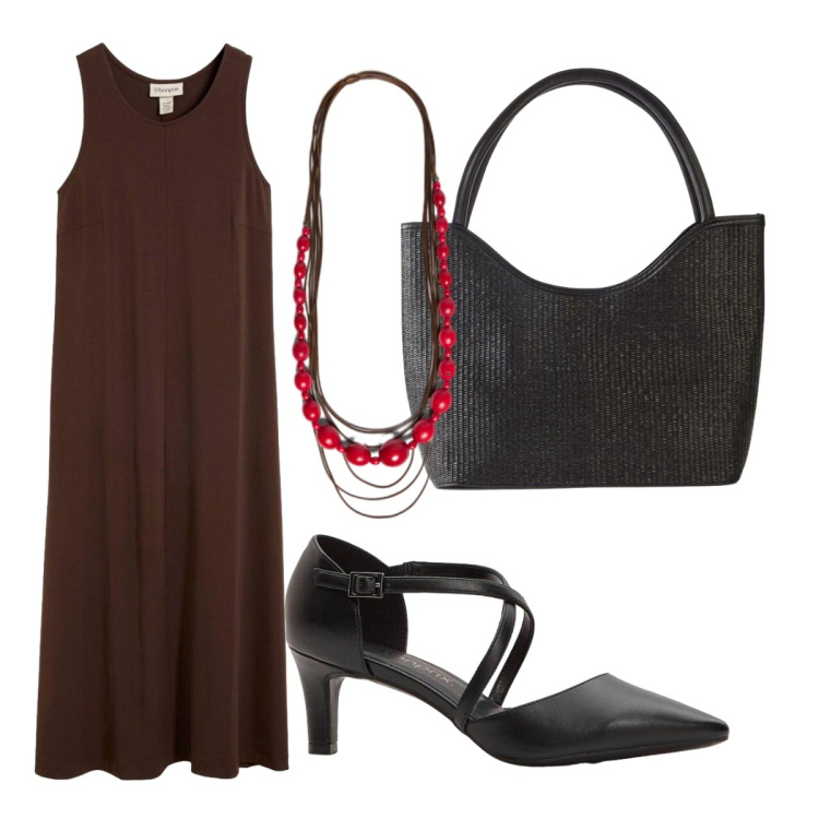 Outfit donna - Serata di settembre. Stile Casual chic per Serata fuori. Abbinamento con vestiti midi/longuette, décolleté, shopping bag, collane.