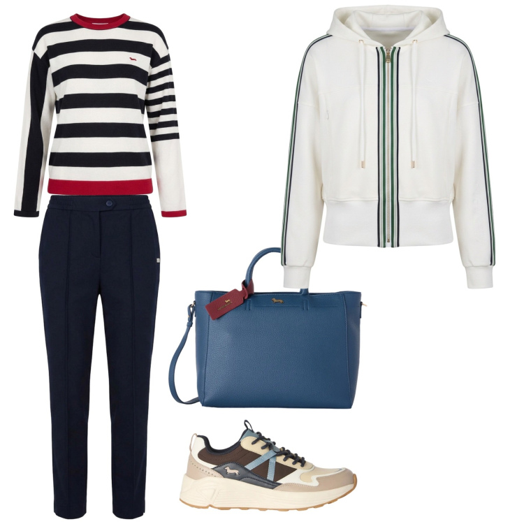 Outfit donna - Weekend fuori porta. per Tutti i giorni. Abbinamento con sneakers, borse a mano, maglieria, felpe sportive, pantaloni.