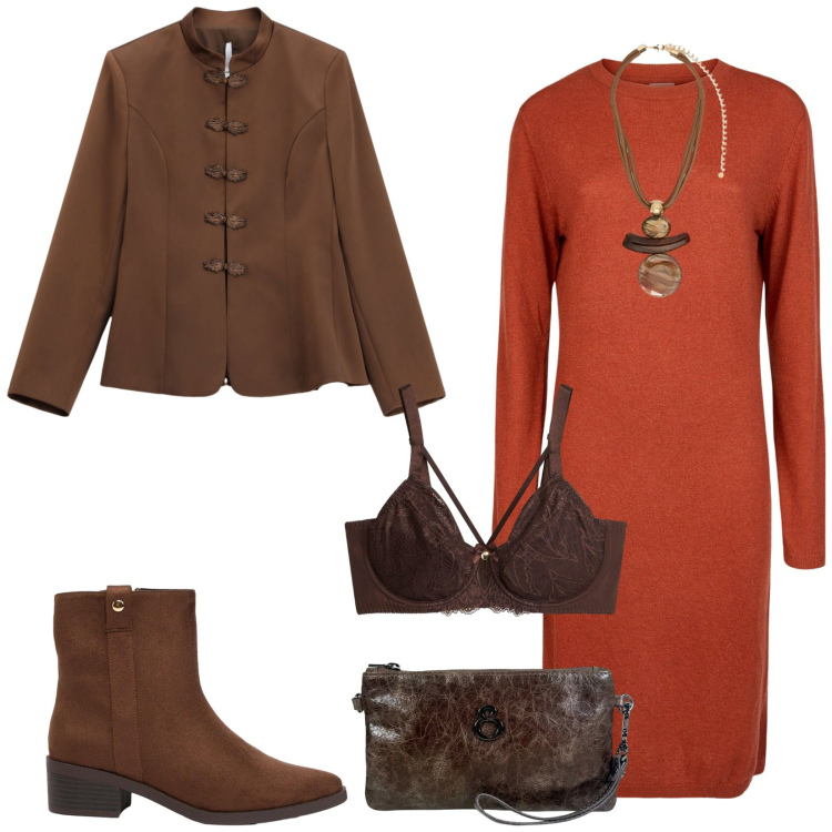 Outfit donna - Cioccolato e arancia bruciata. Stile Etnico per Serata fuori. Abbinamento con stivaletti, reggiseni, vestiti midi/longuette, blazer, ciondoli, pochette.