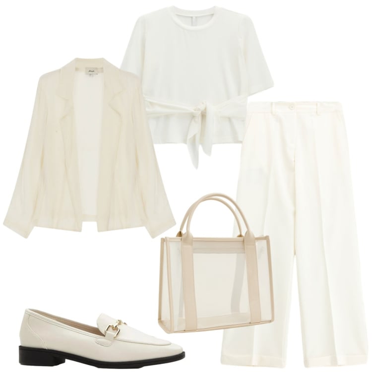 Outfit donna - Elegante in ufficio. Stile Chic per Ufficio. Abbinamento con mocassini, borse tote, pantaloni, t-shirt, blazer.