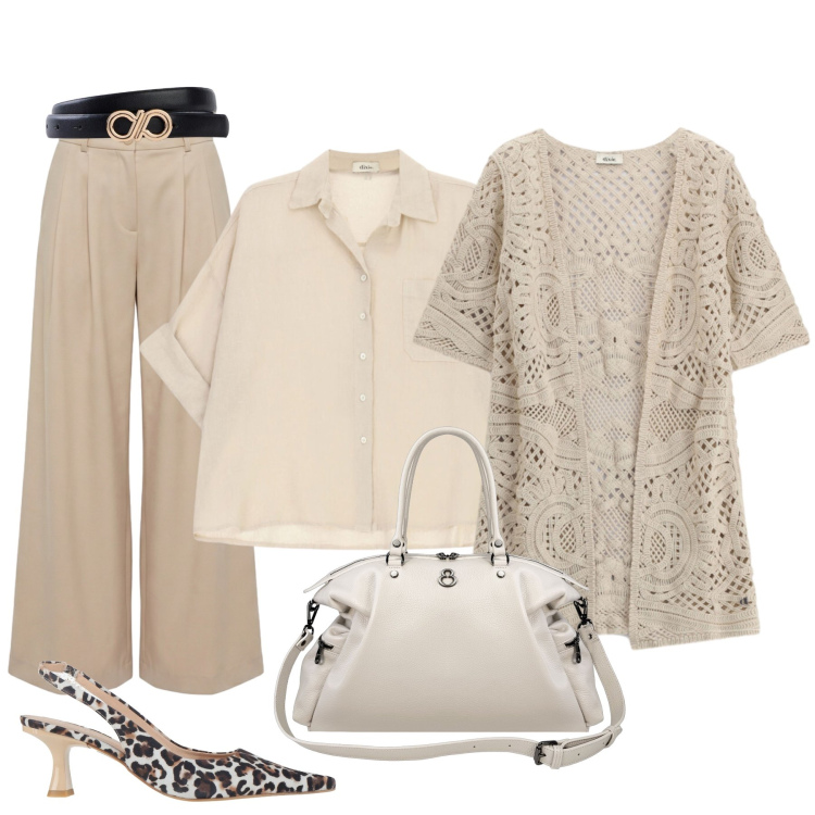 Outfit donna - La delicatezza del cardigan in pizzo. Stile Chic per Tutti i giorni. Abbinamento con décolleté, cinture, pantaloni, cardigans, camicie a manica corta, shopping bag.