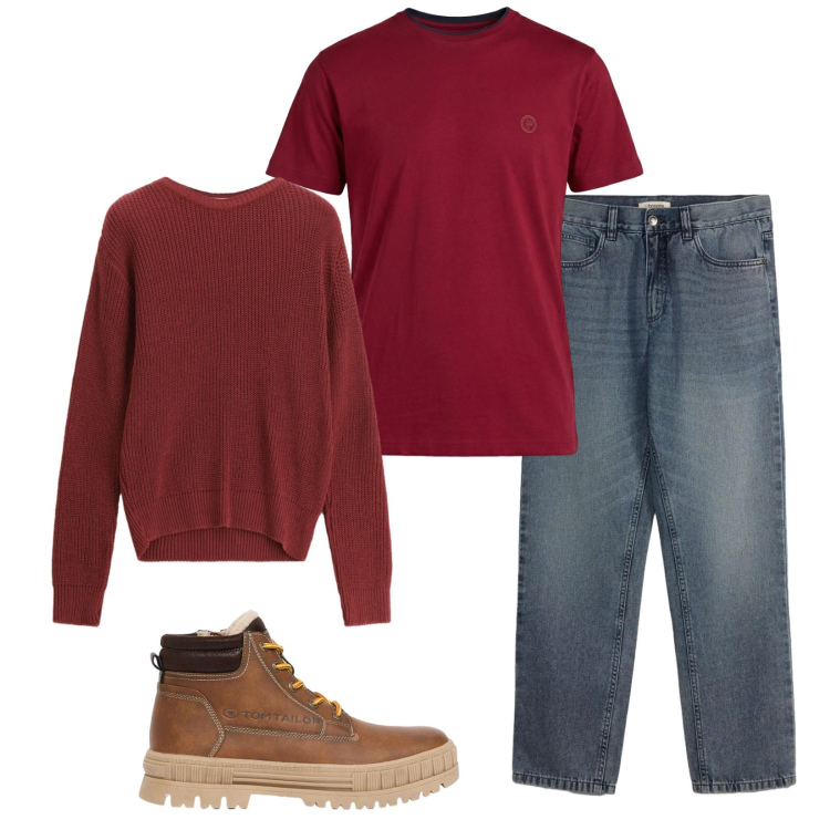 Outfit uomo - Total look #2473607. Stile Casual per Tutti i giorni. Abbinamento con t-shirt, maglieria, jeans dritti, stivali e stivaletti.