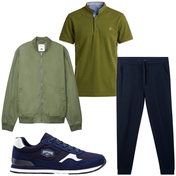 Outfit uomo - Total look #2473609. Stile Casual per Tutti i giorni. Abbinamento con sneakers, polo, pantaloni, bomber.