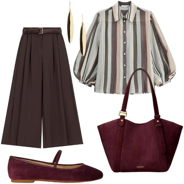 Outfit donna - Chic al lavoro. Stile Chic per Ufficio. Abbinamento con pantaloni a palazzo, camicie, ballerine, borse tote, orecchini.