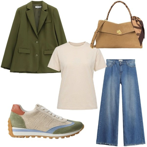 Outfit donna - Chic in jeans. Stile Casual chic per Tutti i giorni. Abbinamento con t-shirt, jeans dritti, blazer, sneakers, borse a mano.