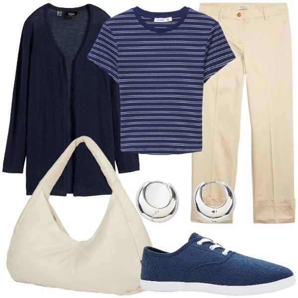 Outfit donna - Weekend Fuori Porta. Stile Casual chic per Serata fuori. Abbinamento con sneakers, cardigans, pantaloni chino, orecchini, t-shirt, borse a spalla.
