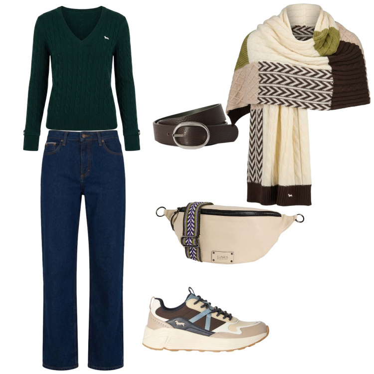 Outfit donna - Passeggiata autunnale. per Tutti i giorni. Abbinamento con marsupi, sneakers, sciarpe, jeans, cinture, maglieria.