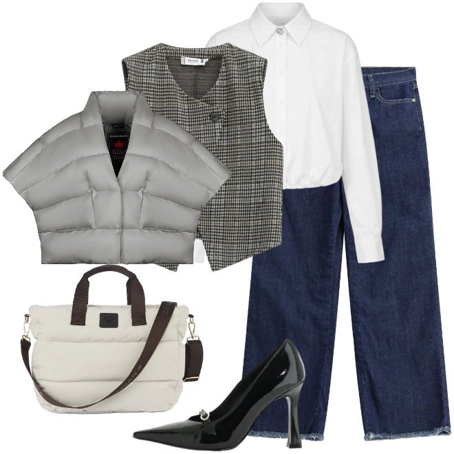 Outfit donna - Gilet per l\'ufficio. Stile Urban per Tutti i giorni. Abbinamento con décolleté, jeans dritti, gilet, piumini, borse tote, camicie.