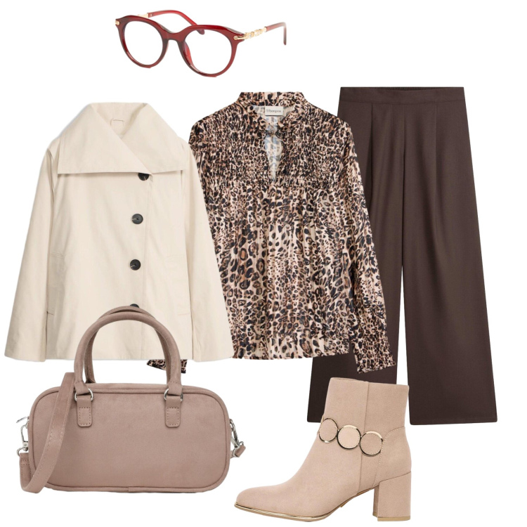 Outfit donna - Pronta per l’ufficio. Stile Bon Ton per Ufficio. Abbinamento con pantaloni a palazzo, trench, bluse, stivaletti, borse a tracolla, occhiali da sole.