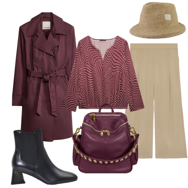 Outfit donna - Giornata piovosa. Stile Chic per Tutti i giorni. Abbinamento con trench, stivaletti, pantaloni, bluse, cappelli, zaini.