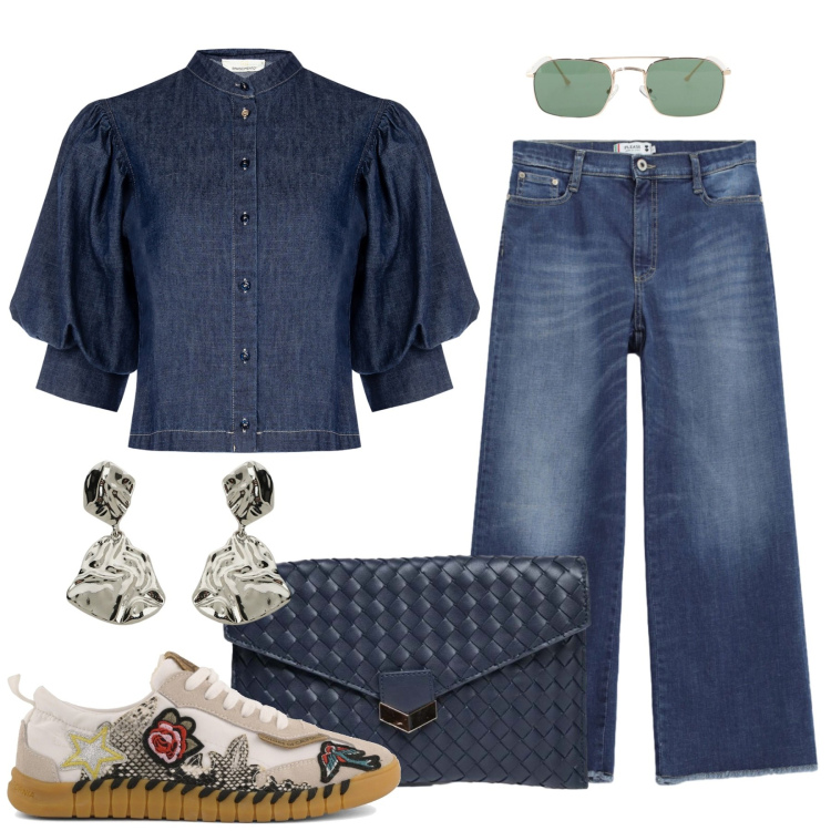 Outfit donna - Total denim. Stile Casual chic per Tutti i giorni. Abbinamento con jeans, occhiali da sole, orecchini, camicie a manica corta, clutch, sneakers.