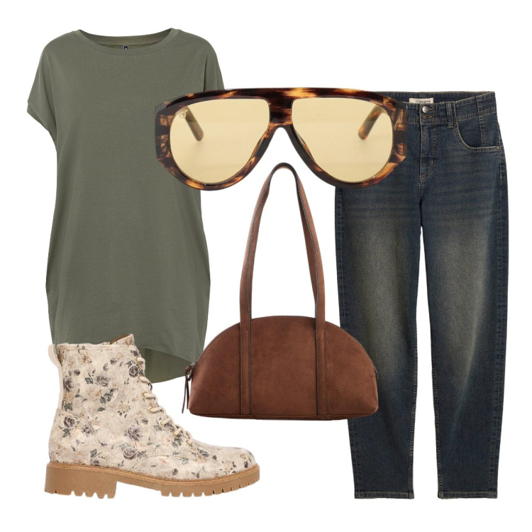 Outfit donna - Settembre. Stile Casual per Ufficio. Abbinamento con maglieria, jeans mom, borse a tracolla, anfibi, occhiali da sole.
